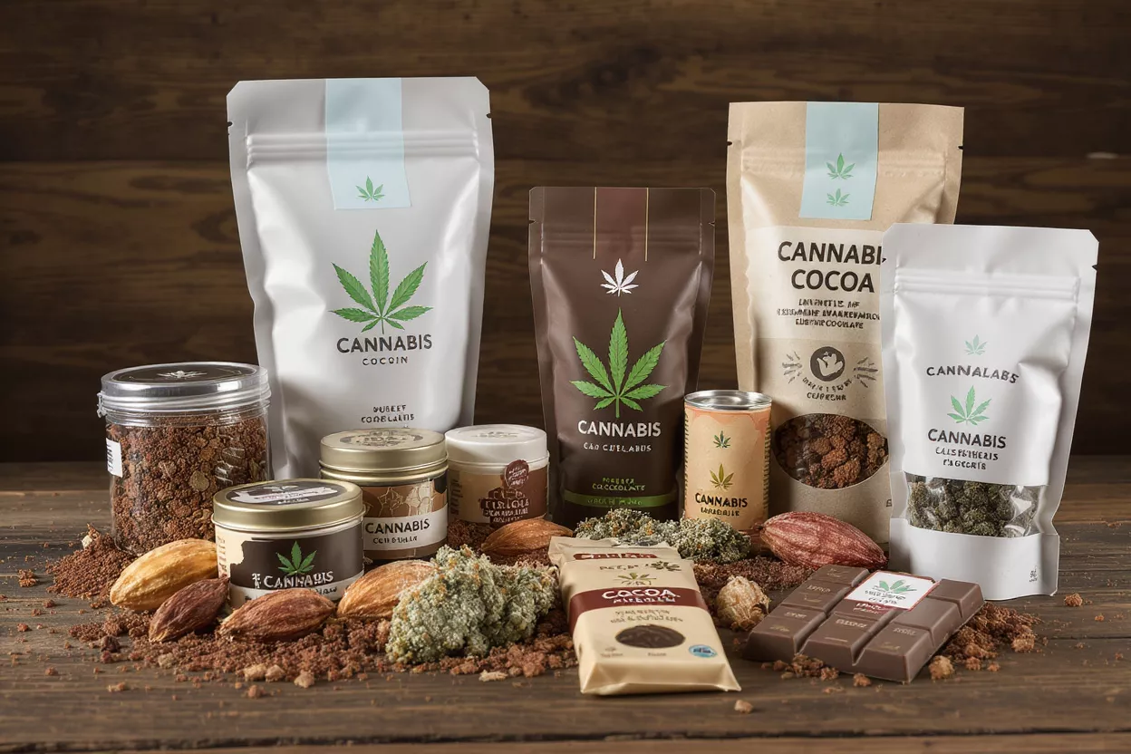 Various cannabis-infused cocoa products, including powders, chocolates, and edibles.