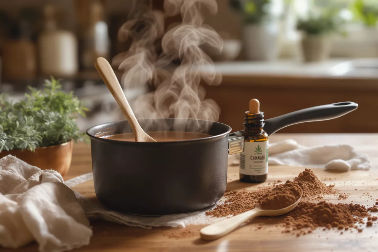 Steaming hot chocolate with cannabis tincture and cocoa powder on a wooden table.