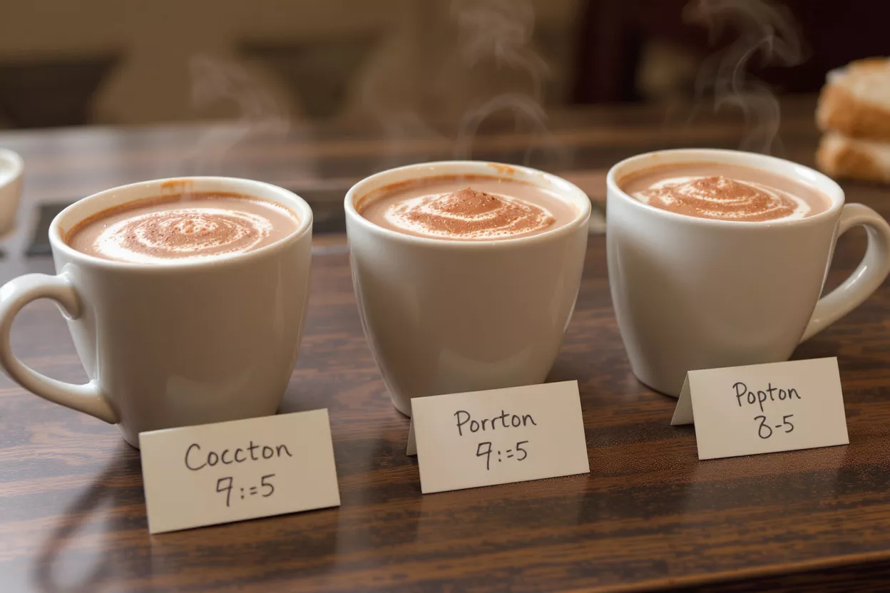 Three steaming mugs of hot chocolate with different labels for a taste test.