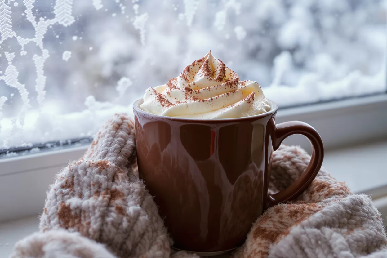 Hot chocolate mug with whipped cream and cocoa powder by a snowy window.