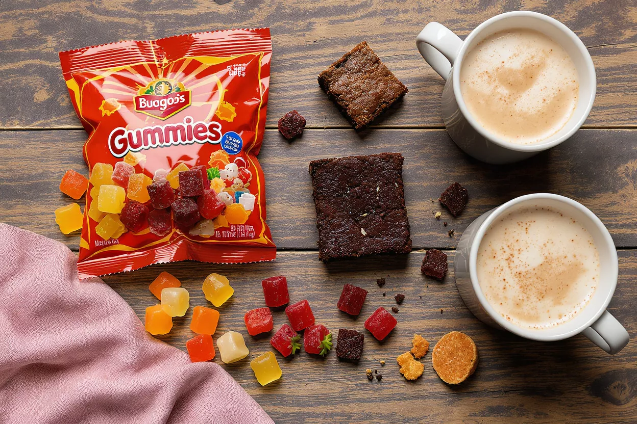 Colorful gummies, brownies, and coffee on a rustic wooden table.
