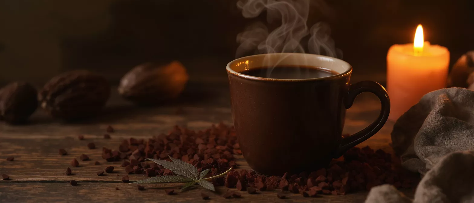 Steaming coffee with cannabis leaf, chocolate, and candle on rustic wood.