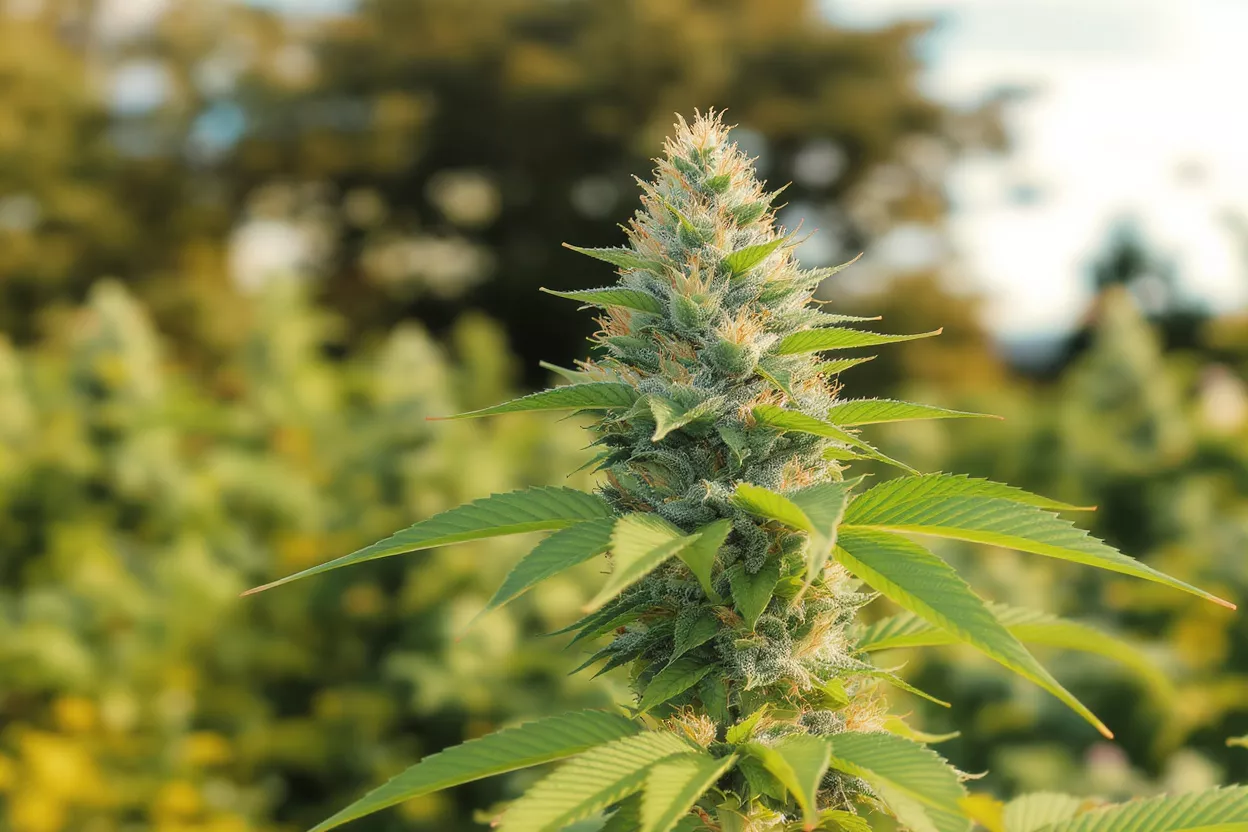 Primer plan de un vibrante cogollo de cannabis con hojas verdes y pistilos naranjas.