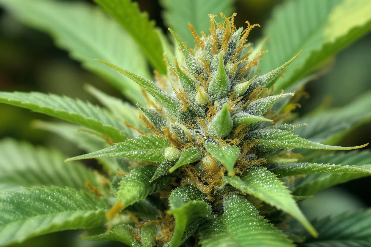 Primer plan de un cogollo de cannabis de verde vibrante cubierto de tricomas escarchados y pistilos naranja.