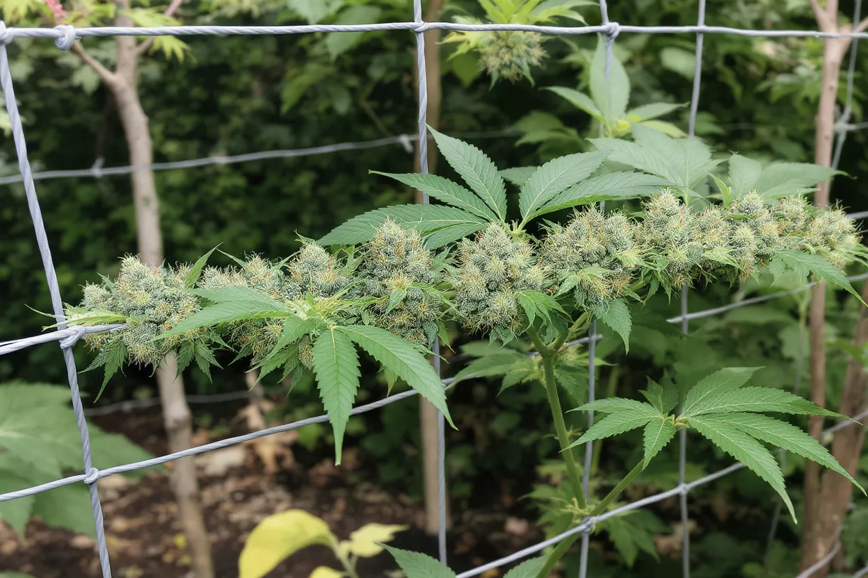 Primer plano de una planta de cannabis con capullos maduros y escarchados, sostenidos por una valla de alambre.