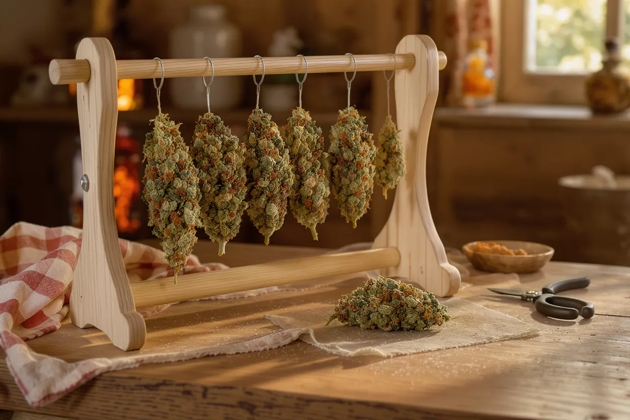 Cogollos de cannabis colgando en una rejilla de secado de madera sobre una mesa rústica de madera.