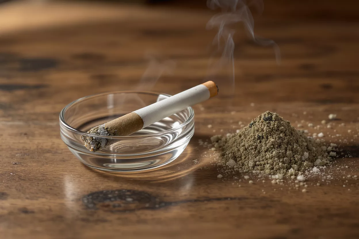 Une cigarette allumée dans un cendrier avec une pile de poudre de kief sur une table en bois.