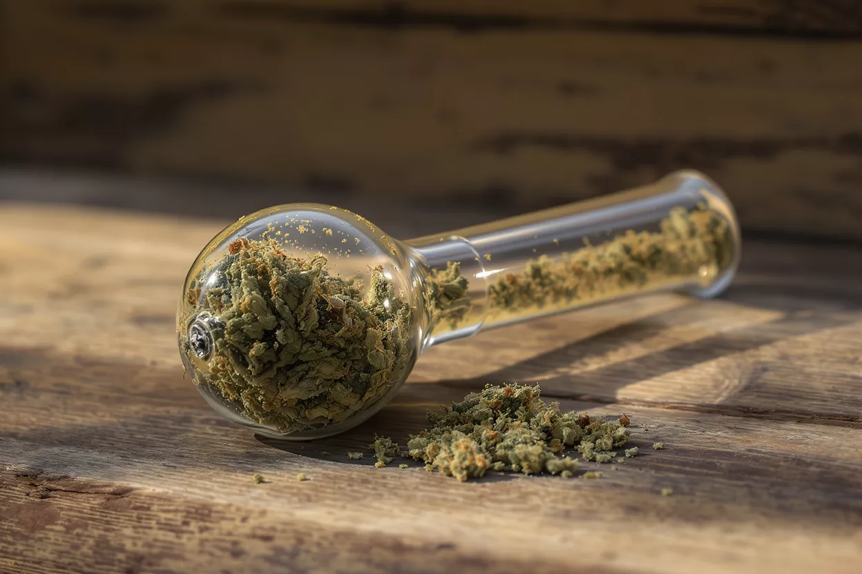 Une pipe en verre transparent remplie de boutons de cannabis repose sur une surface en bois rustique.