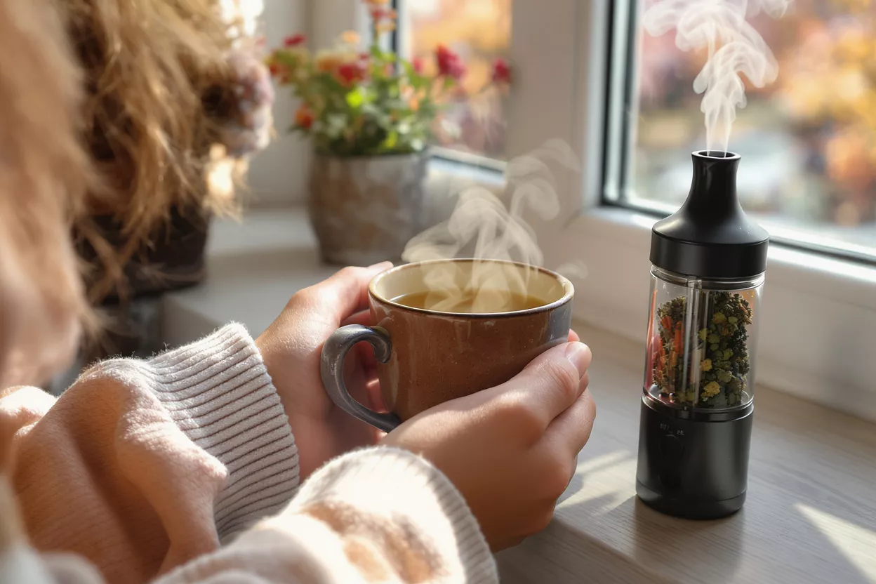 Personne tenant une tasse de thé fumante à côté d'un diffuseur d'aromathérapie sur un rebord de fenêtre.