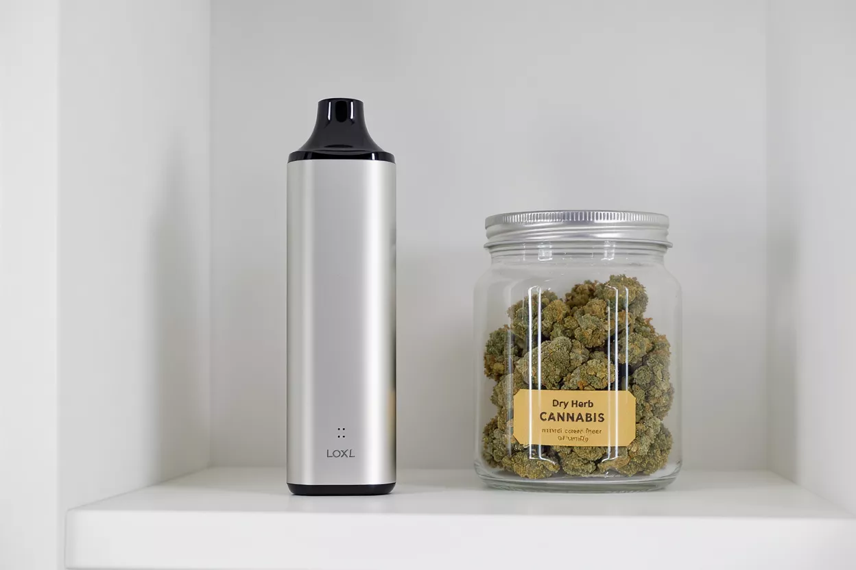 Un vaporisateur d'herbes sèches LOXL argenté à côté d'un pot de fleurs de cannabis.