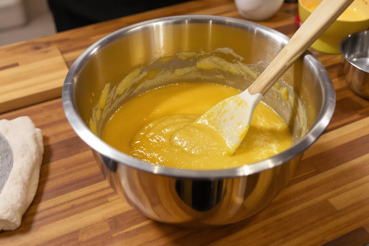 A white and wood spatula mixing bright yellow batter in a stainless steel bowl.