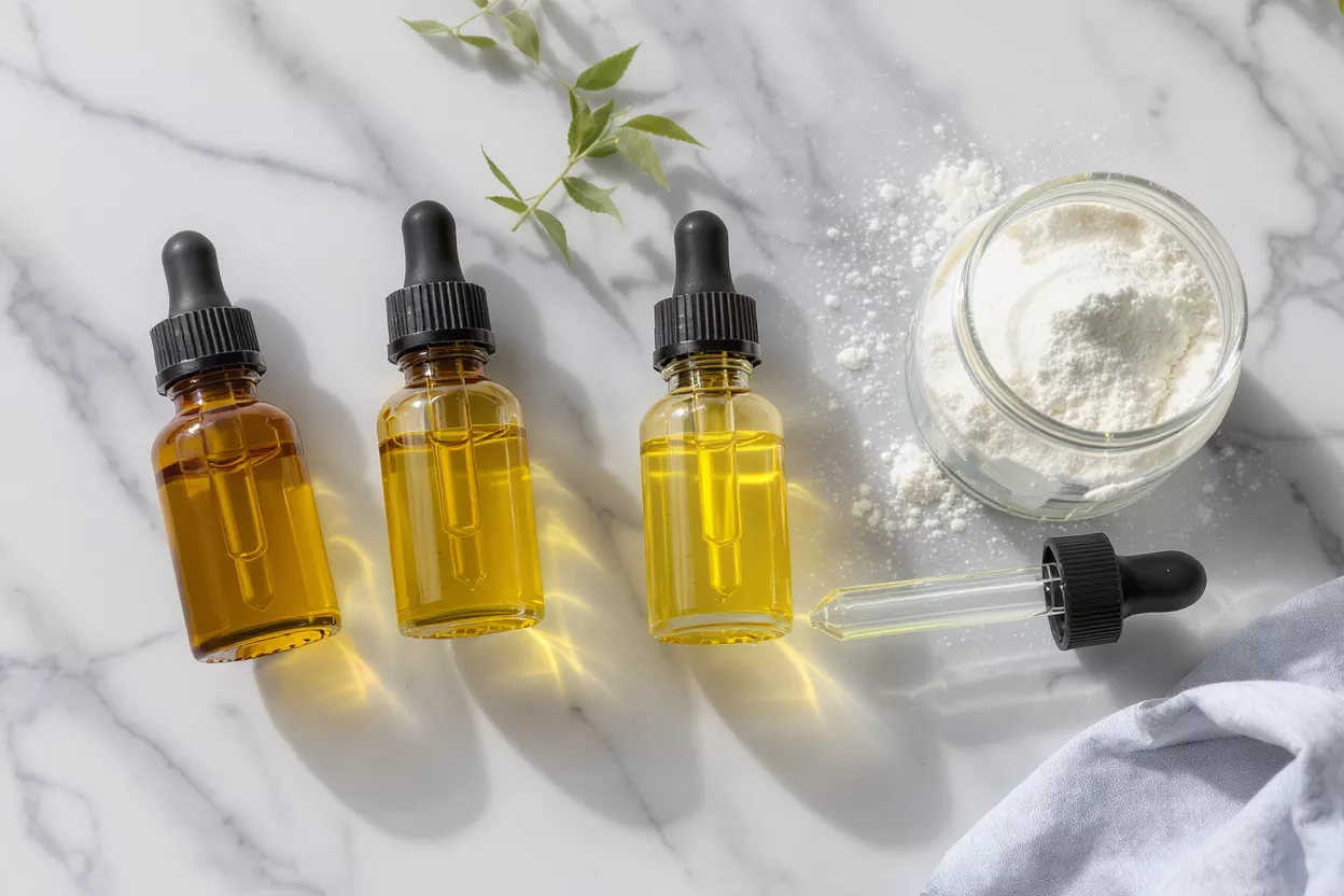 Three amber and clear dropper bottles with oil, powder jar, and plant sprig.