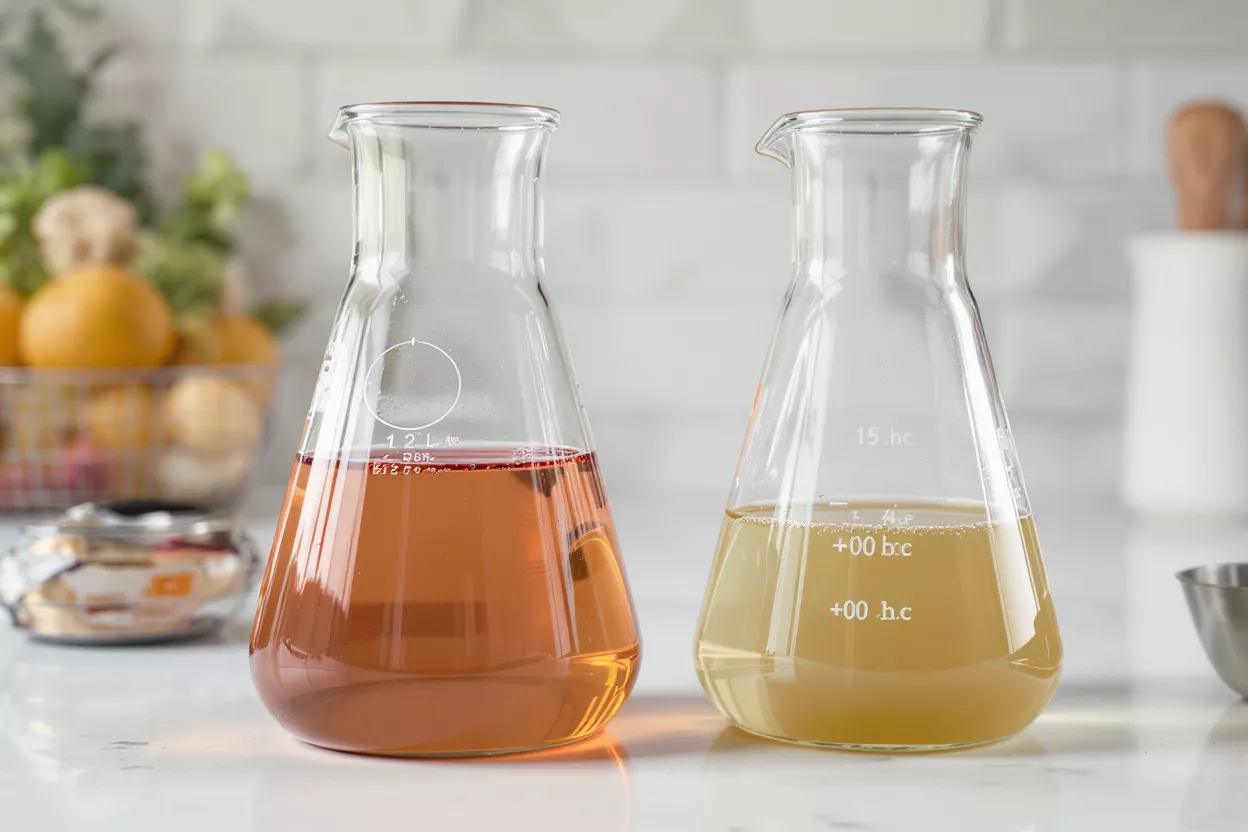 Two Erlenmeyer flasks on a white counter, one with amber liquid, one with yellow.