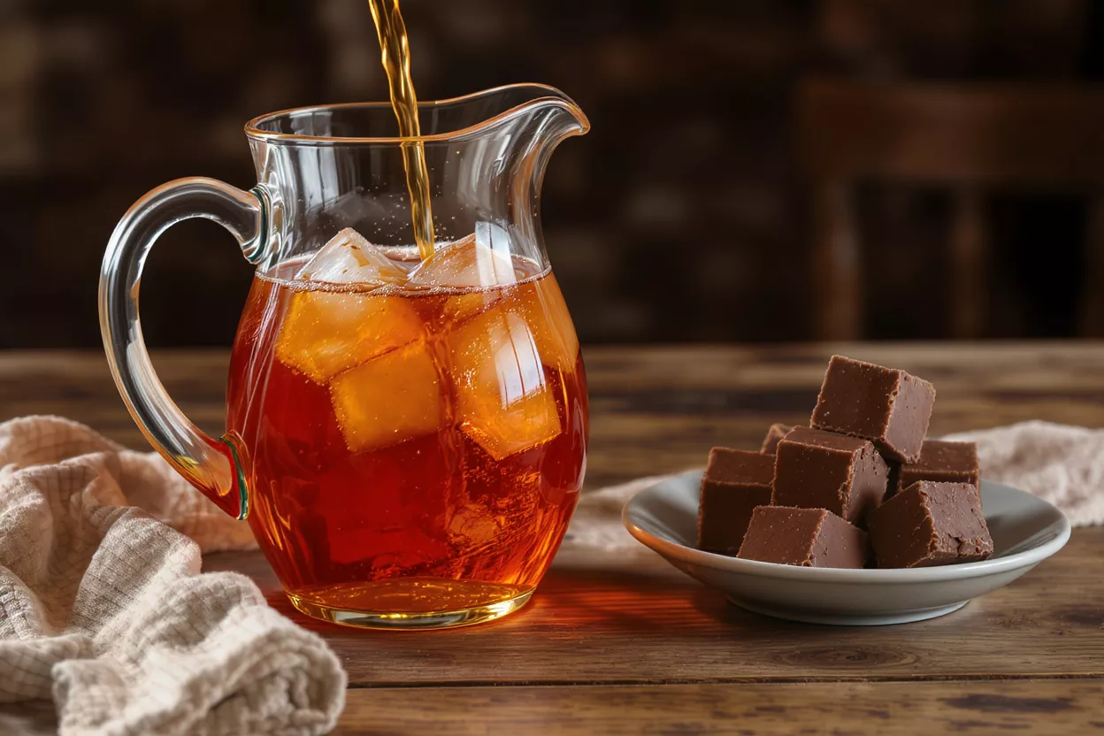 Pouring iced tea into a pitcher with ice, beside a plate of chocolate fudge.