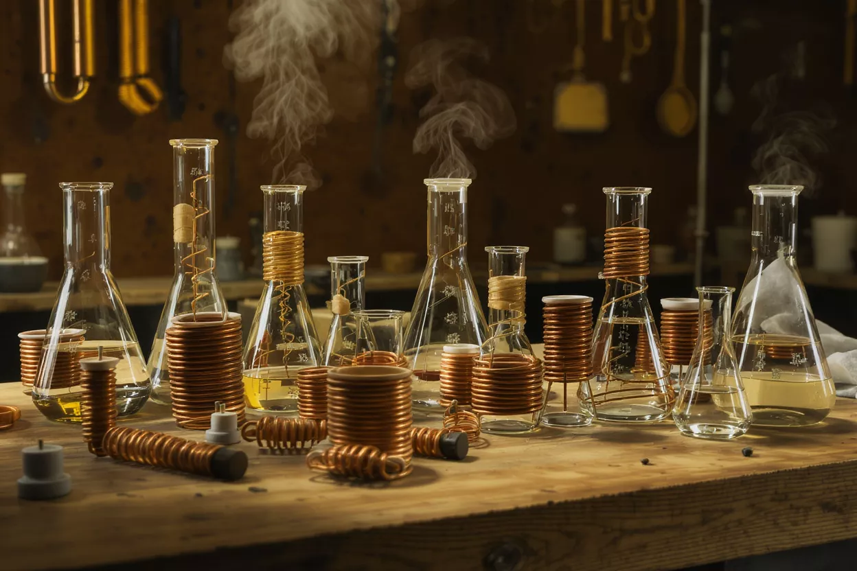 Glass beakers and copper coils on a wooden table in a vintage lab.