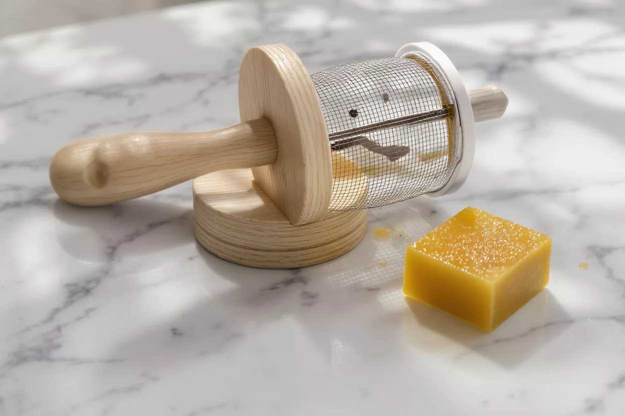 Wooden rotary grater with metal mesh next to a block of yellow beeswax.