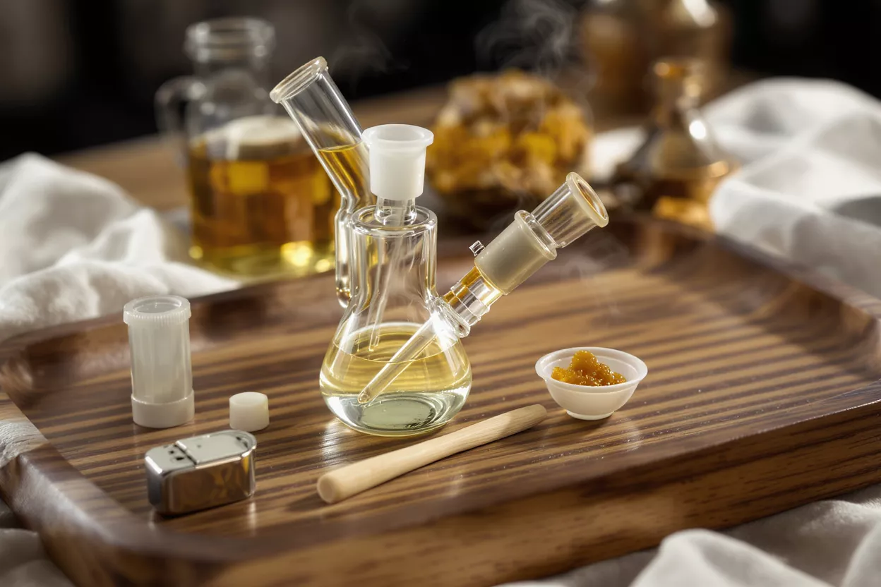 A dab rig, concentrates, and accessories on a wooden tray.
