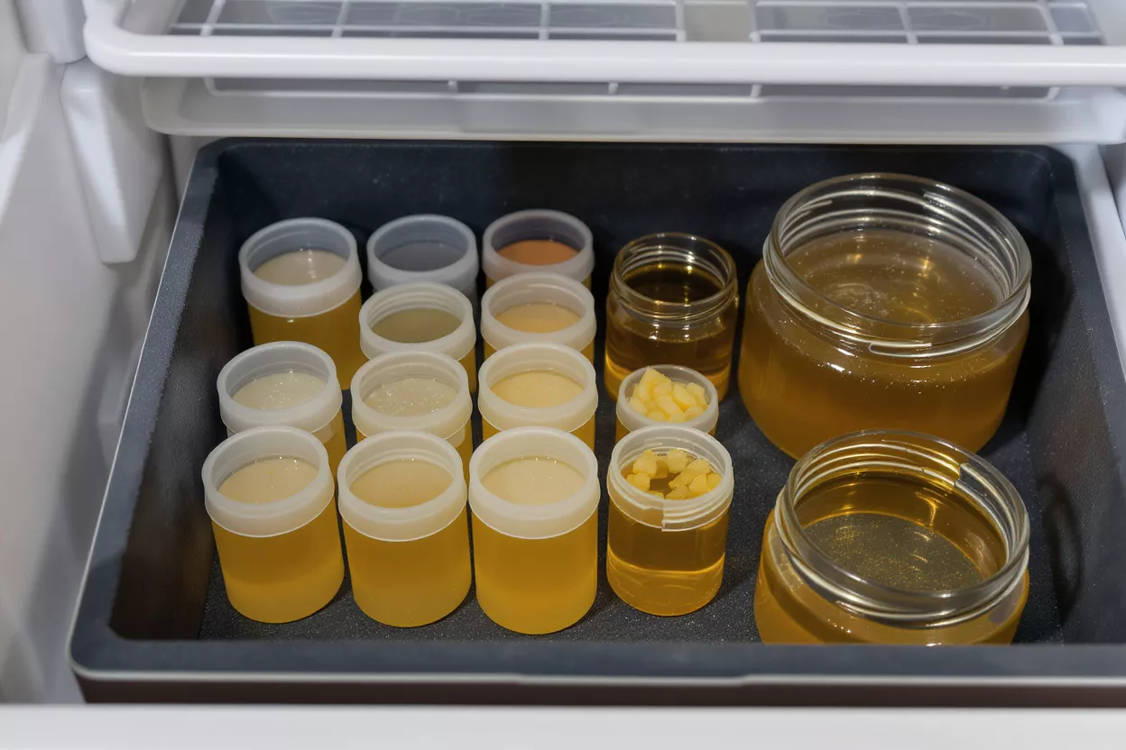 A collection of small containers and jars filled with yellow oils and waxes in a refrigerator drawer.