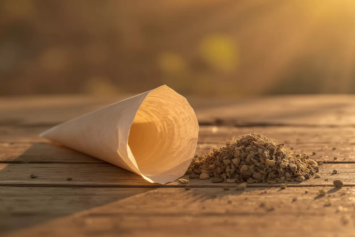 A paper cone and a pile of dried herbs on a rustic wooden table.