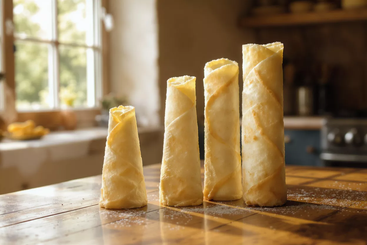 Four golden rolled waffles standing upright on a wooden table in a kitchen.