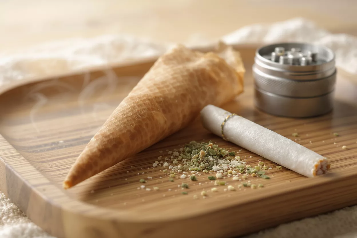 Cannabis cone, grinder, and joint on a wooden tray with ground cannabis.