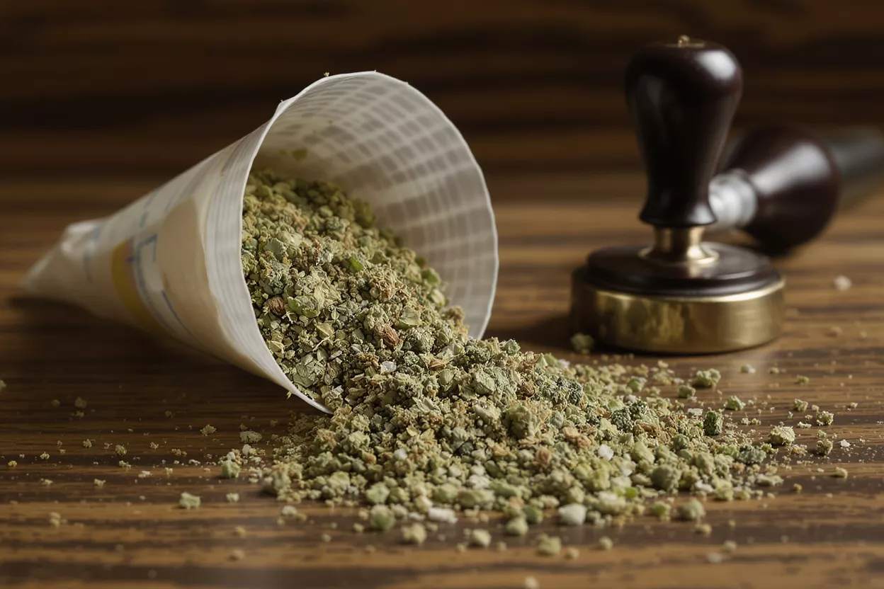 Finely ground green herbs spilling from a paper cone onto a wooden surface next to a stamp.