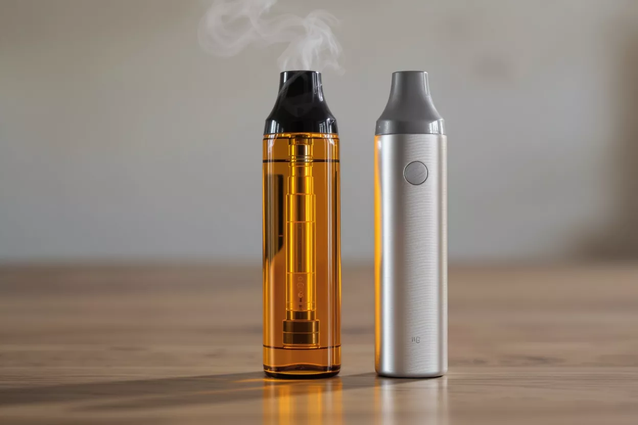 Dos bolígrafos de vapeo modernos Dos bolígrafos de vapeo, uno transparente con líquido ámbar y humo, otro plateado.