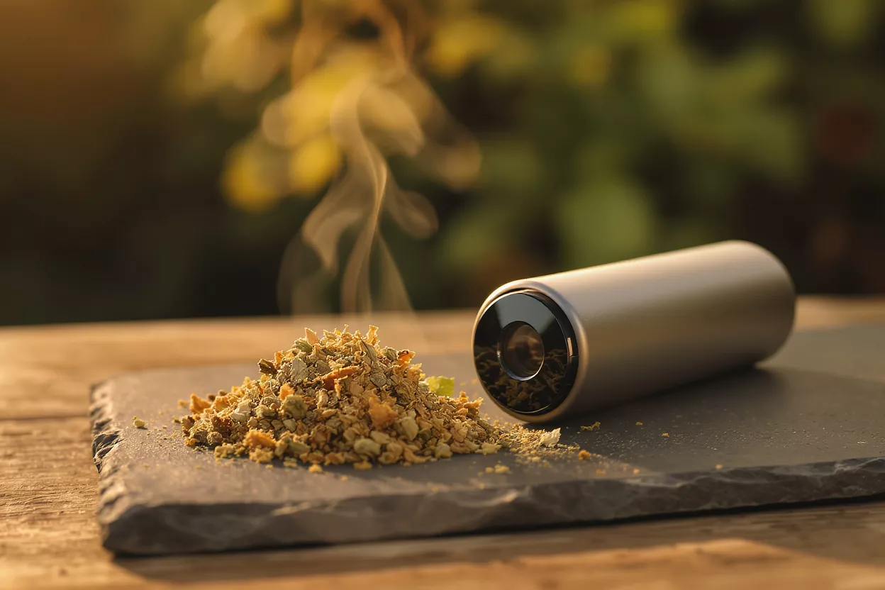 Vaporizador con hierbas y humo Un vaporizador plateado y elegante junto a un montón de hierbas con volutas de humo.