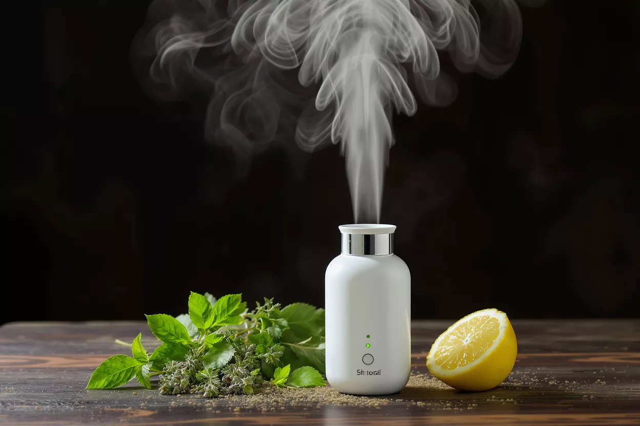 Difusor de aromaterapia con hierbas y limón Difusor de aceites esenciales blanco emitiendo vapor, rodeado de hierbas frescas y media limón.