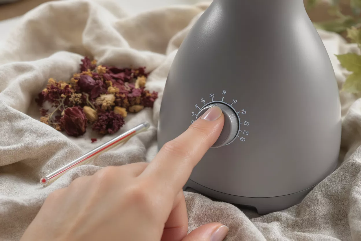 Ajuste de la configuración del difusor Una mano ajusta el dial de un difusor gris, rodeado de flores secas.