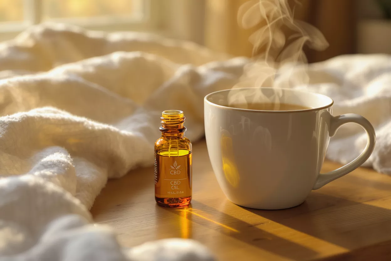 Amber CBD oil bottle next to steaming coffee cup in warm morning light.
