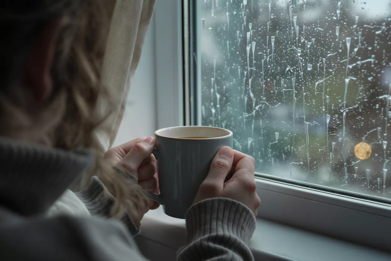 Person holding coffee mug, looking out a window with rain streaks.