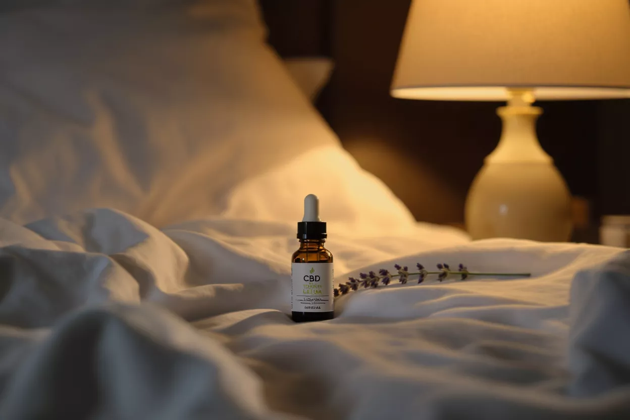 CBD oil bottle and lavender on white bedding with a bedside lamp.
