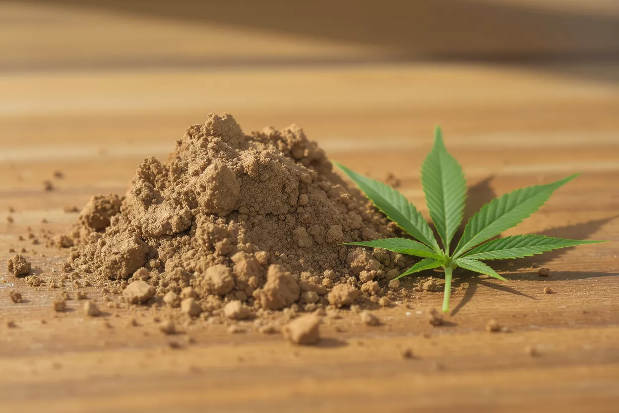 A pile of kief powder next to a vibrant green cannabis leaf on a wooden surface.