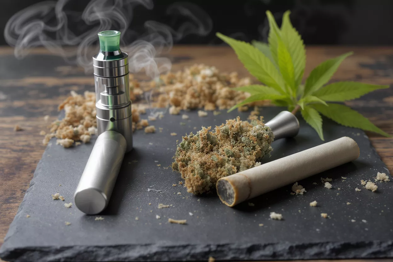 Cannabis flower, a pre-rolled joint, a vape pen, and a cannabis leaf on a dark surface.