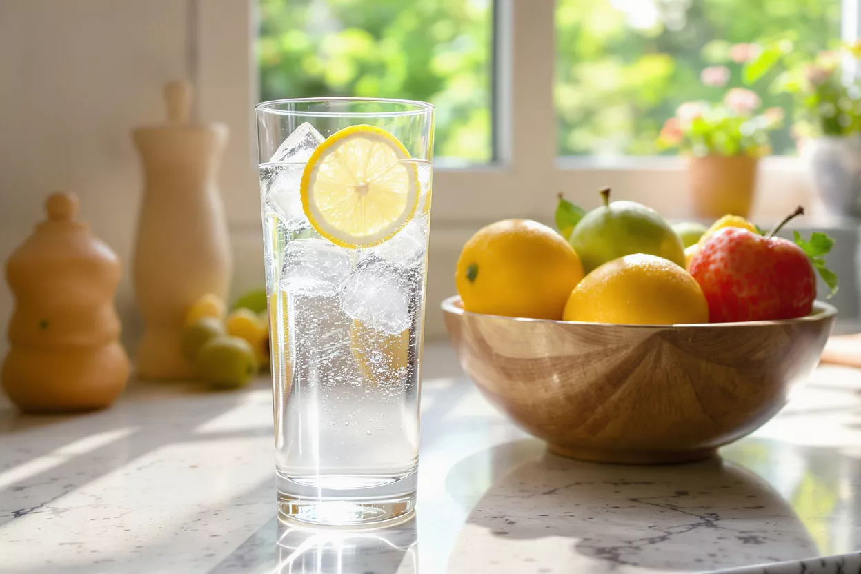 A glass of sparkling water with ice and a lemon slice on a kitchen counter.