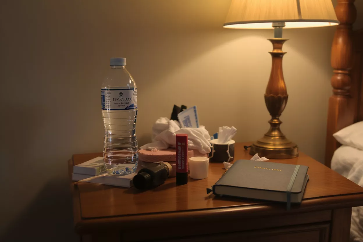 A cluttered hotel nightstand with water, lamp, and personal items.