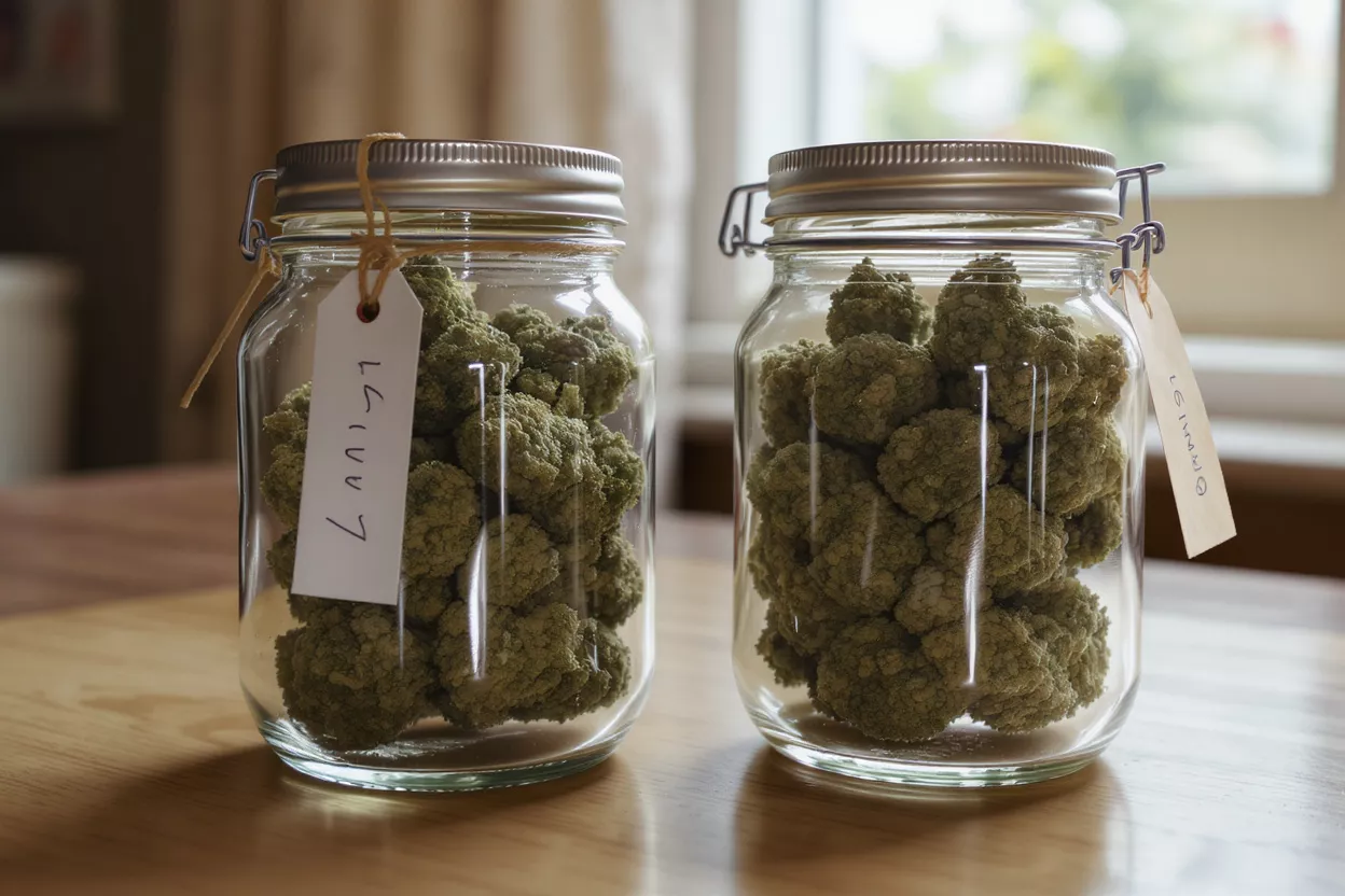 Two glass jars filled with green cannabis buds on a wooden table.