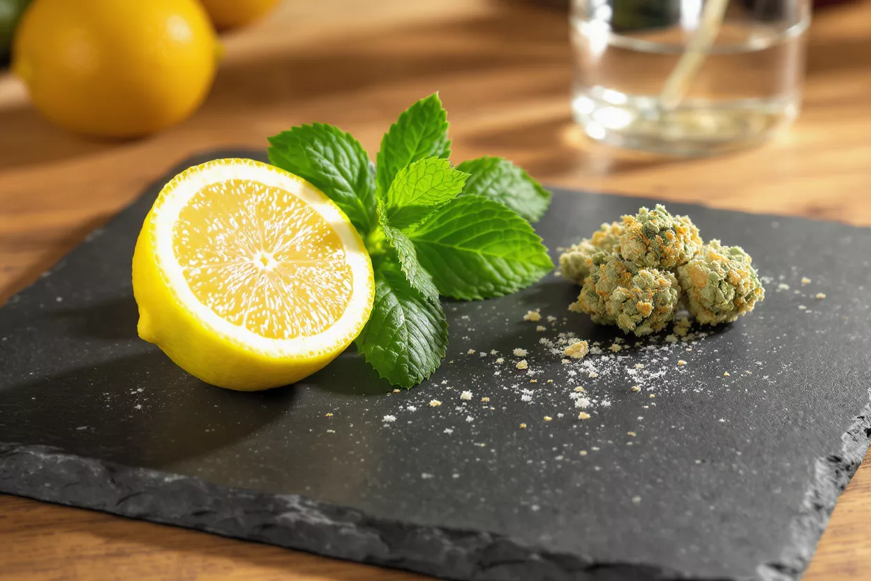 Half lemon, fresh mint, and cannabis buds on a dark slate surface.