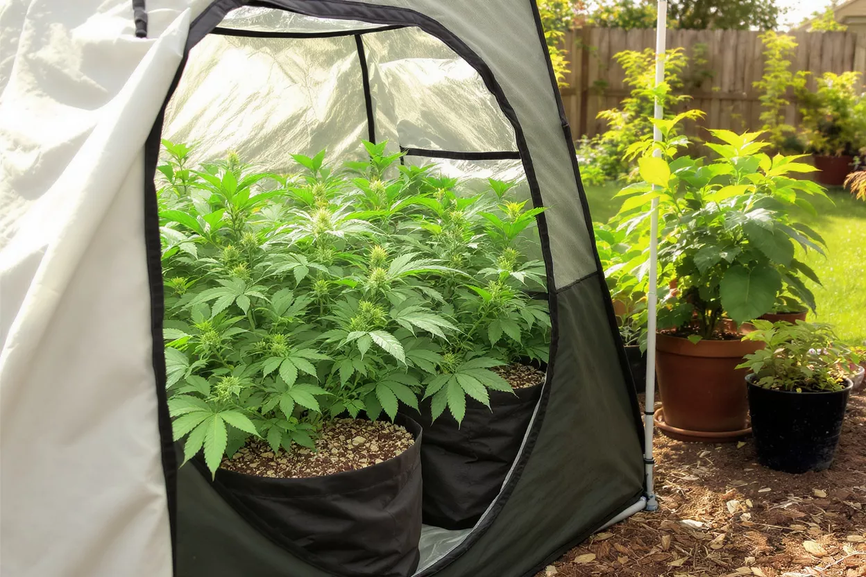 Green cannabis plants in black fabric pots inside an outdoor grow tent.