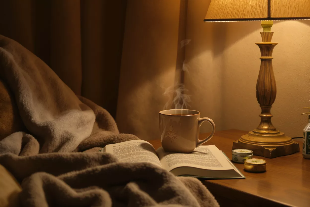 Steaming coffee mug, open book, and lamp on a cozy nightstand.