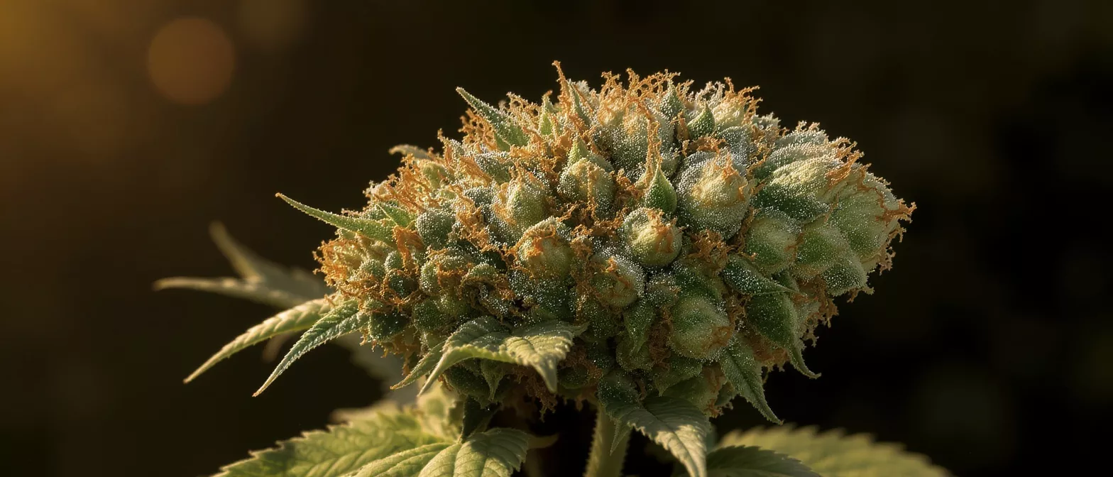 Close-up of a cannabis bud covered in trichomes and orange pistils.
