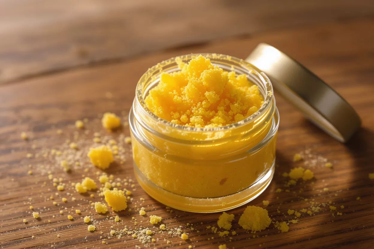A clear jar filled with bright yellow cannabis crumble concentrate on a wooden surface.