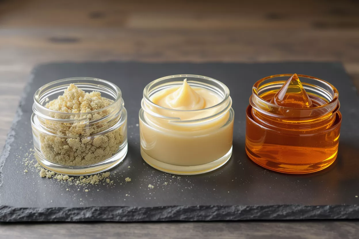 Three jars of honey products: granulated, creamy, and liquid, on a slate board.