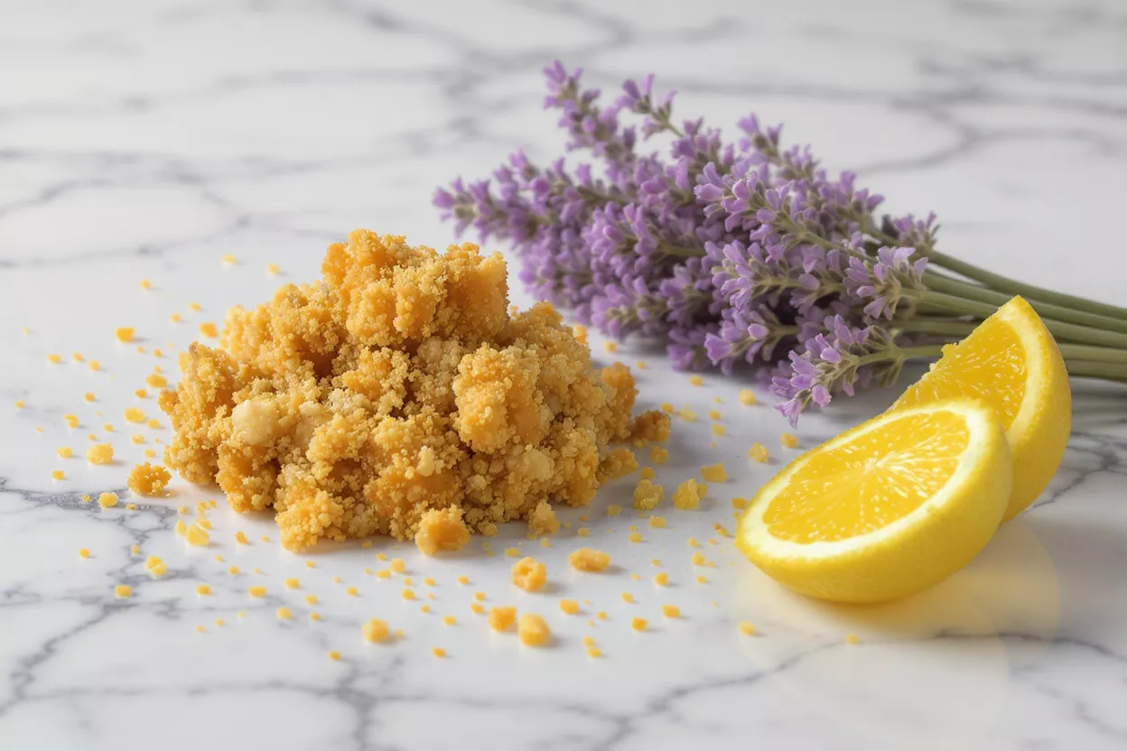 Lemon crumble, lavender, and lemon slices on a marble surface.