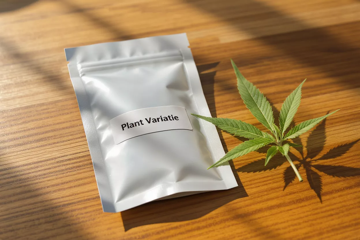 White package labeled "Plant Variatie" next to a green cannabis leaf on wood.