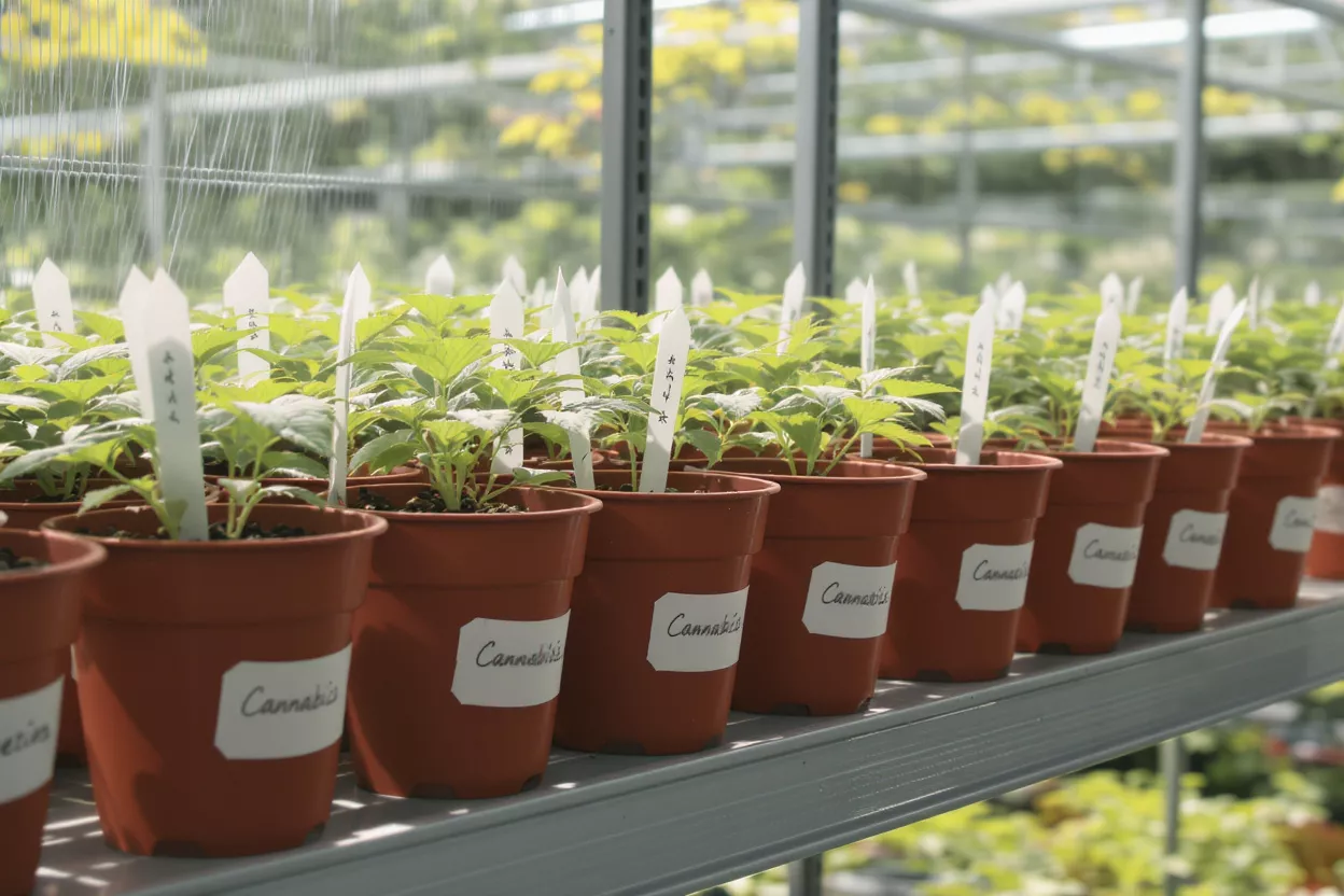 Rows of young cannabis plants in brown pots with labels in a greenhouse.