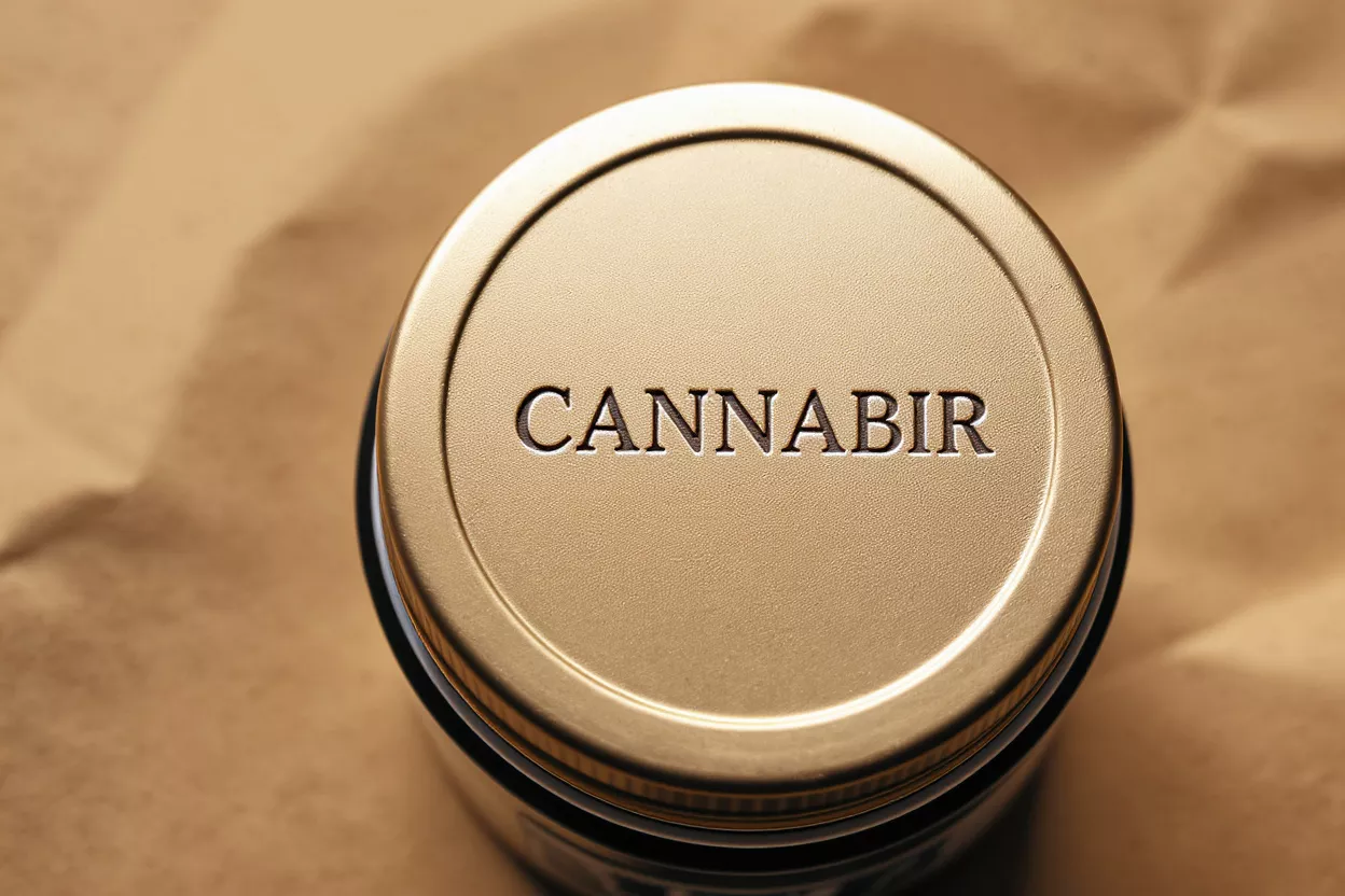 Close-up of a gold jar lid with 'CANNABIR' embossed on its surface.