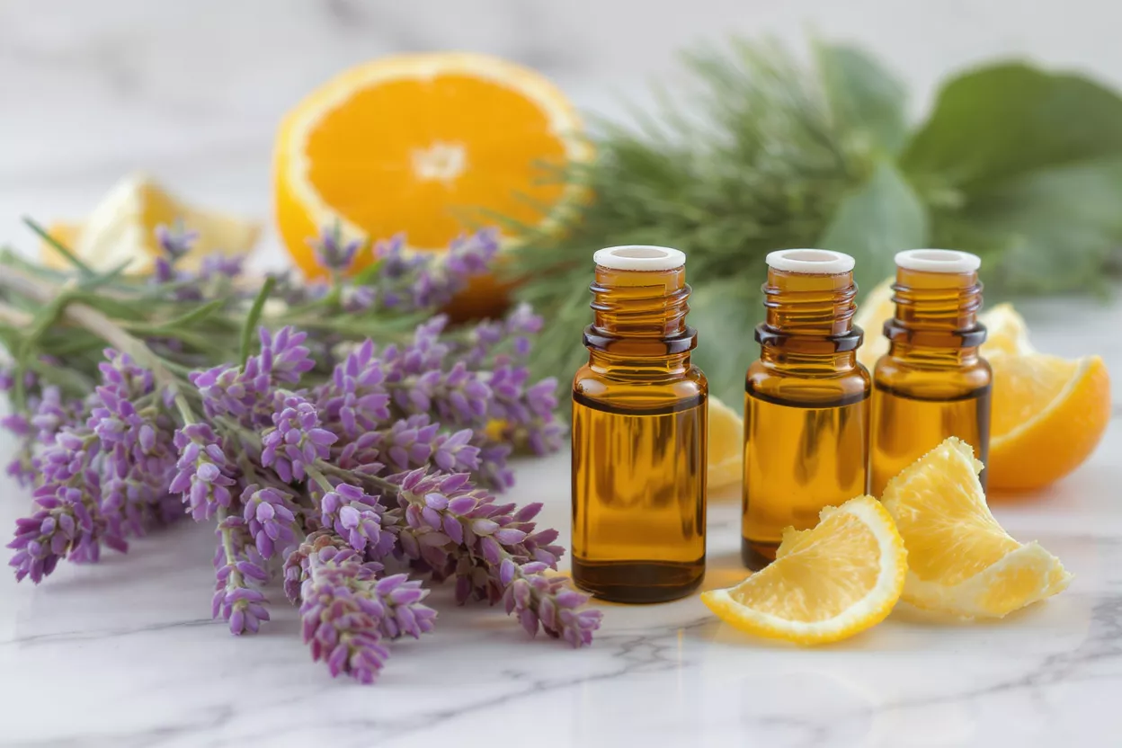 Three amber bottles of essential oil with lavender, orange, and lemon on marble.
