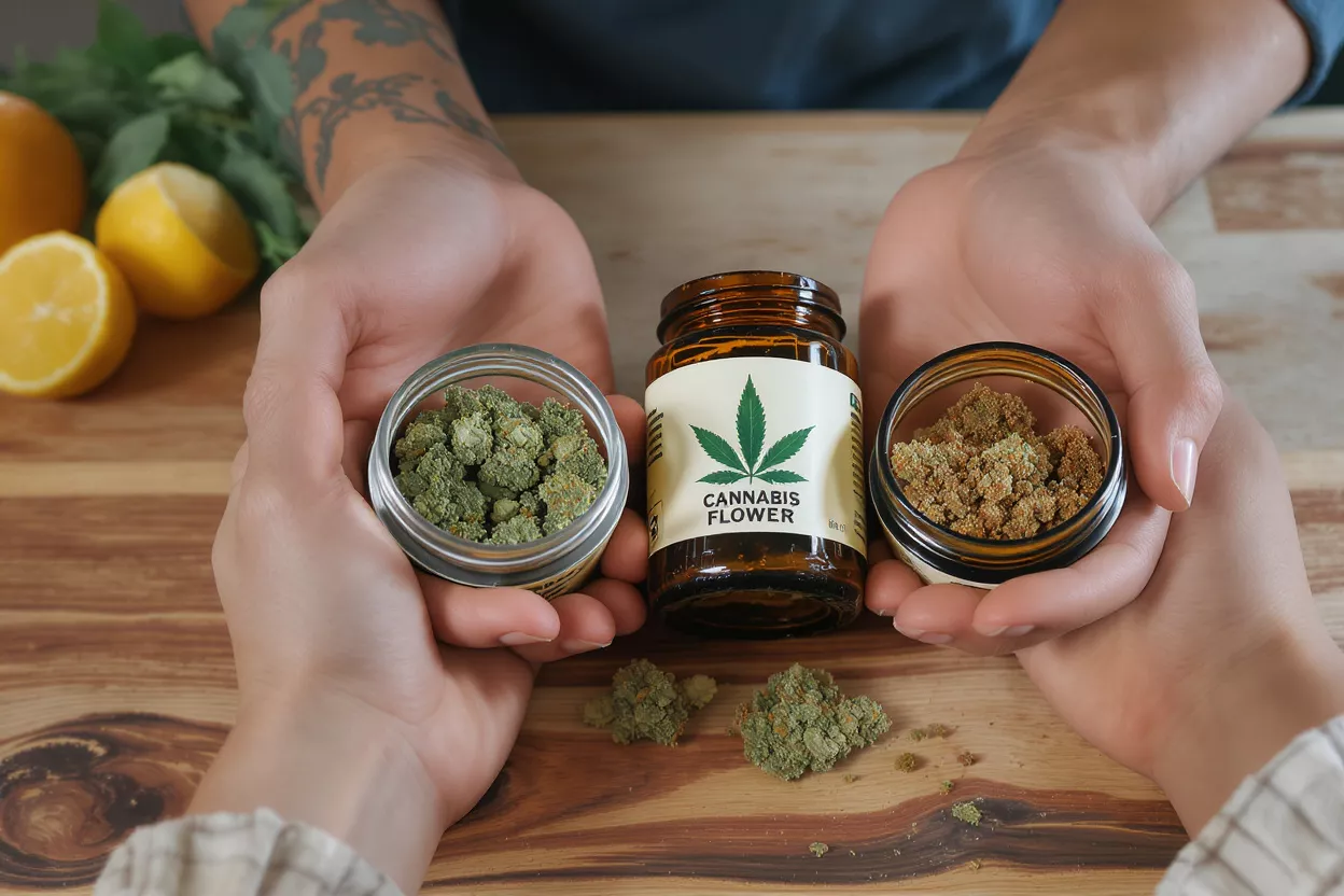 Two hands holding jars of cannabis flower and kief on a wooden table.